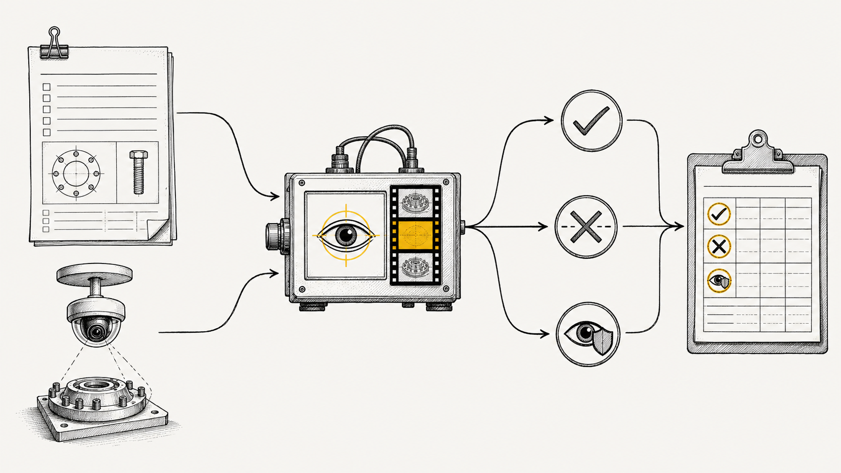 Operation sheet and existing camera feed enter a verification harness, producing happened, did not happen, or not observable, then a structured record